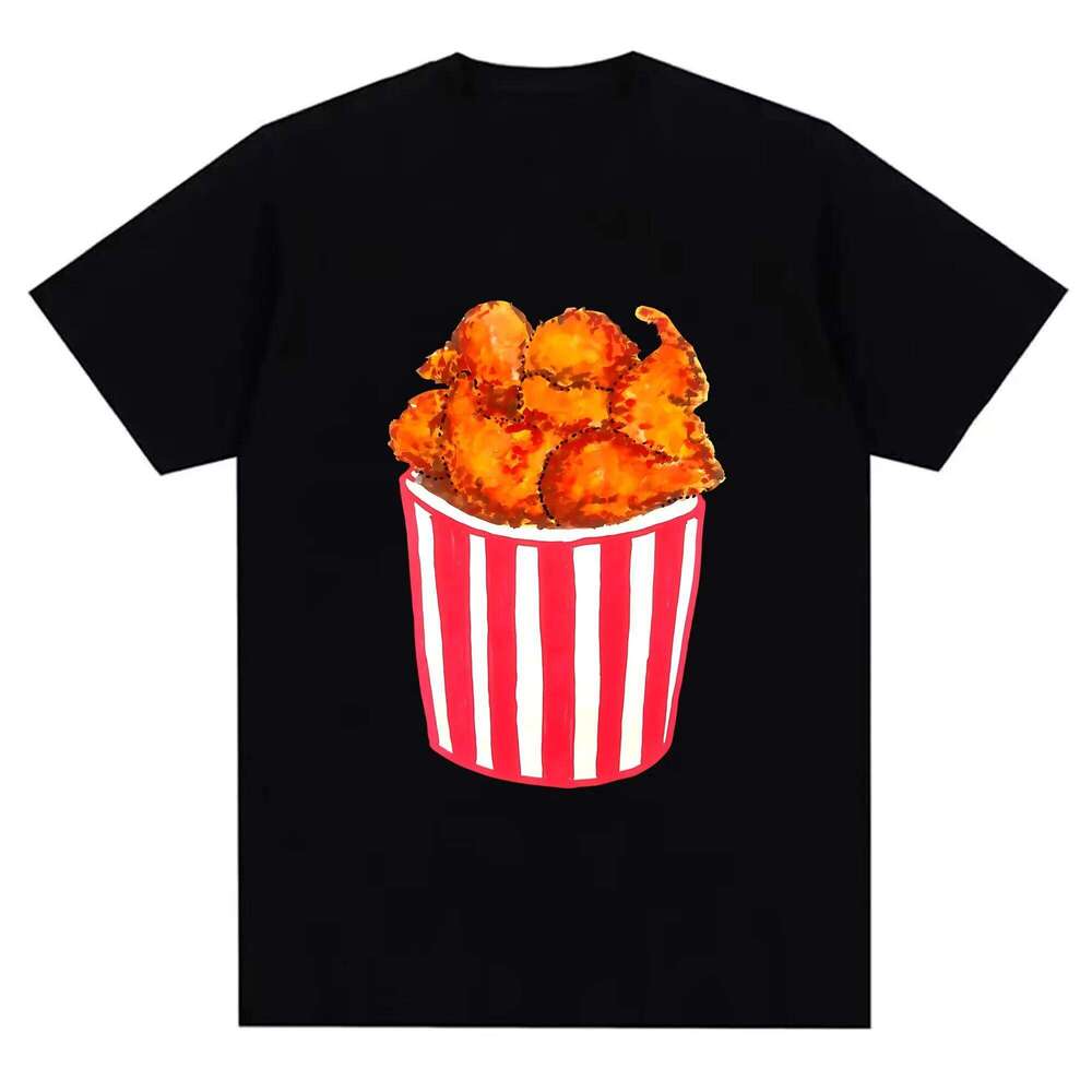 Men's Cotton Printed T-Shirt - Trendy Red & White Striped Fried Chicken Graphic, Soft Breathable Tee for Casual Wear, Summer Str X260209