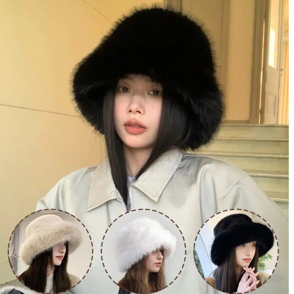 Fluffy Fur Bucket Hat For Women Soft Fluffy Fisherman Hat Thicken Ear Protection Womens Winter Hat Cold Snowy Day Panama Cap 260202