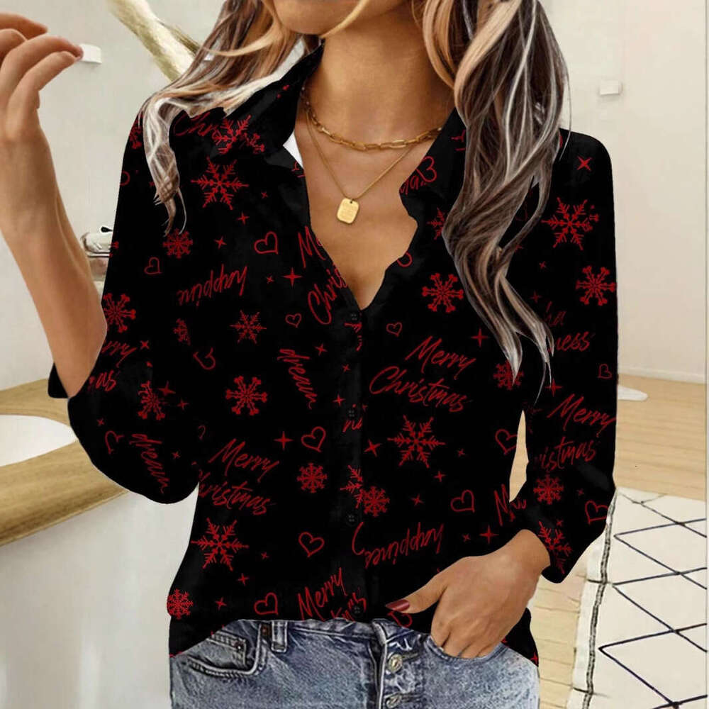Women's Heart Print Button Down Shirt with V Neck, Long Sleeve Casual Top for Spring Summer Love Heart Print Pattern Office Lady Blouse Shirts