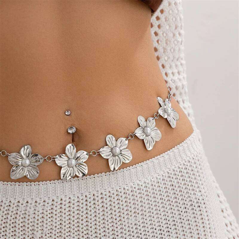Personality Geometric Metal Pearl Big Flower Waist Chain for Women Fashion Summer Beach Bikini Body Jewelry Gifts X260209