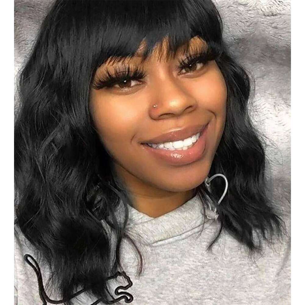 Body Wave Human Hair With Bangs Fringe Middle Part Realistic Scalp Brazilian Straight Bob Lace Wigs SHXI