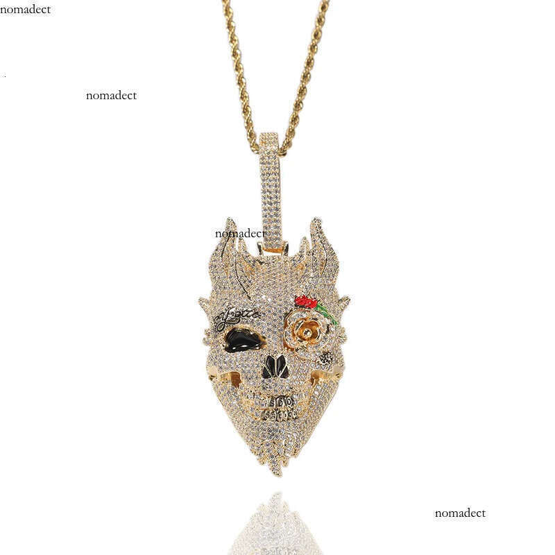 Iced Out Rose Skull Pendant Necklaces Mens Gold Necklace Fashion Punk Hip Hop Jewelry 2d
