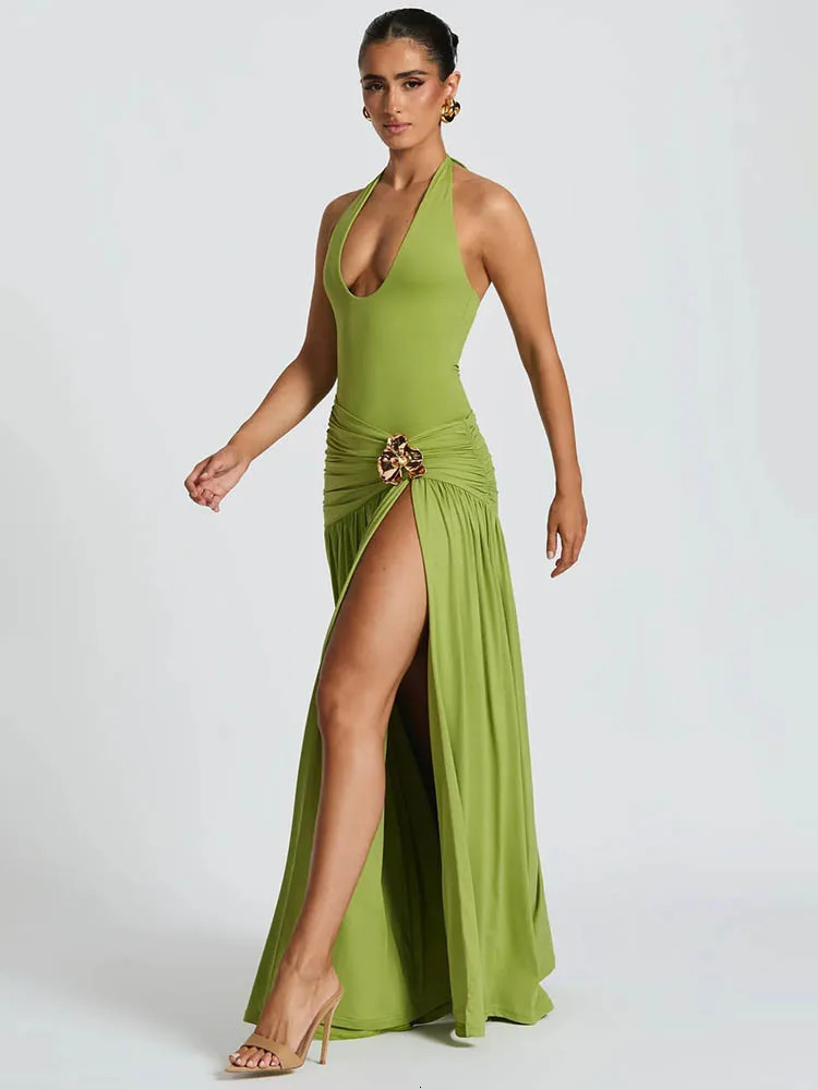 Mozision Elegant Backless Sexy Maxi Dress Set Women Halter Bodysuit And Maxi Skirt Matching Set Female Ruched Split Dress Sets 260208