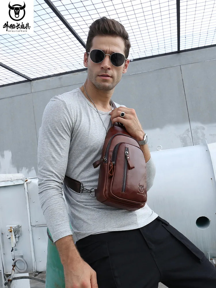 Mens genuine leather crossbody chest bag first layer cowhide fashionable multifunctional sports shoulder travel 260208