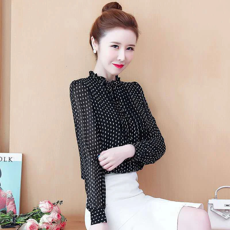 Women Spring Autumn Style Chiffon Blouses Shirts Lady Casual Long Sleeve ONeck Polka Dot Printed Blusas Tops DD8879 250203