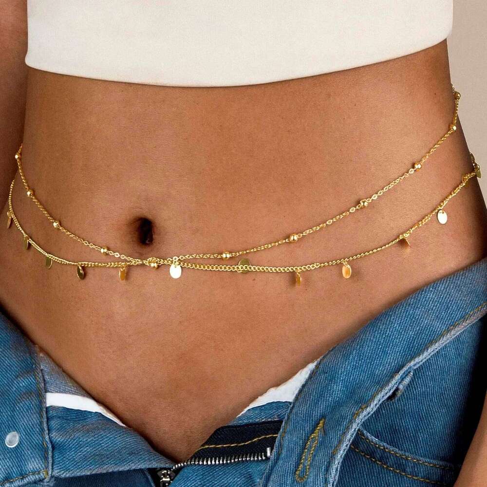 Summer Beach Chai Fashionable Round Bead Gold Sequin Tassel Double-layer Waist Vacation Style Sexy Body Chain X260209