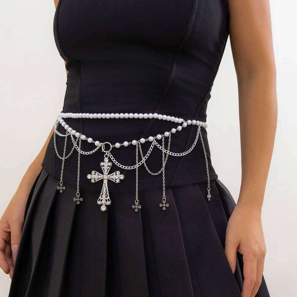 European and American Style Personalized Metal Cross Tassel Waist Women's Fashion Double Layer Imitation Pearl Body Chain X260209