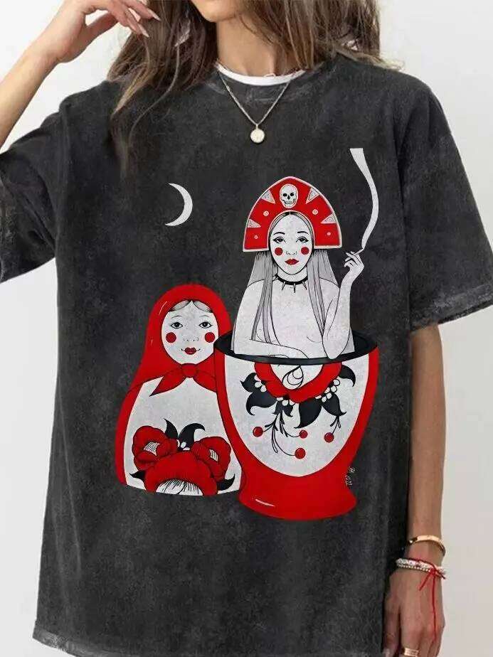 Russian Doll Pattern, Style, Y2k Graphic Tee, Women's Oversized T-Shirt, Cute Hand-Painted Bunny, Korean Style Art, Summer X260209