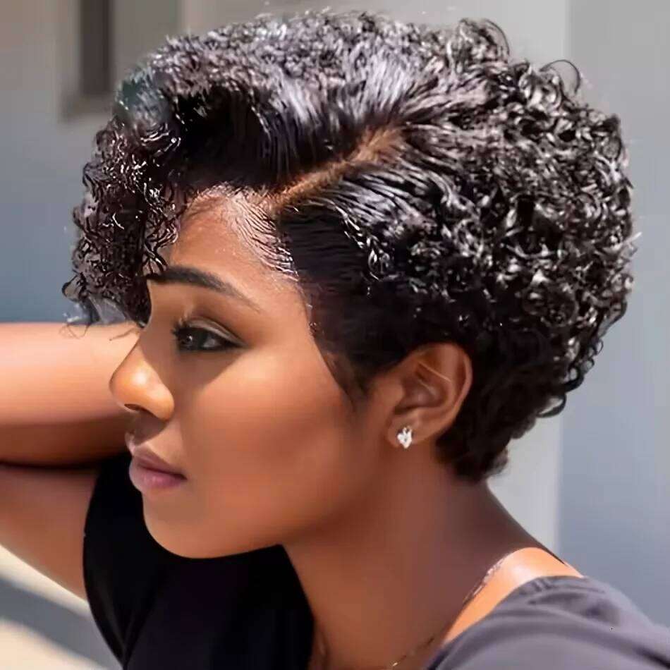 Short Bob Pixie Cut Curly Human For Women Black Color 13X6x1 T Part Lace Closure Deep Wave Lace Wig Preplucked Hair VMS