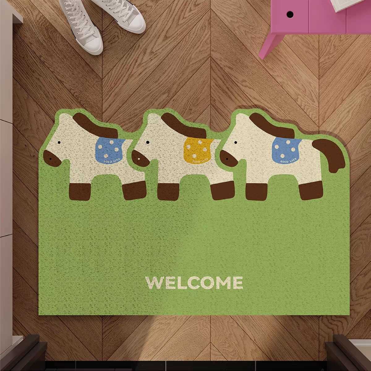 Year of the Horse Doormat Entrance Mat Outdoor Mud Scraper Dust Removal Cartoon Style Wire Loop Doormat Home Use Customizable Doormat S260207