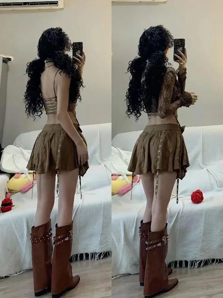 Y2k American Girl Three Piece Sexy Skirt Suit Lace Maillard Color High Street Cardigan Suspender Female Versatile 260208