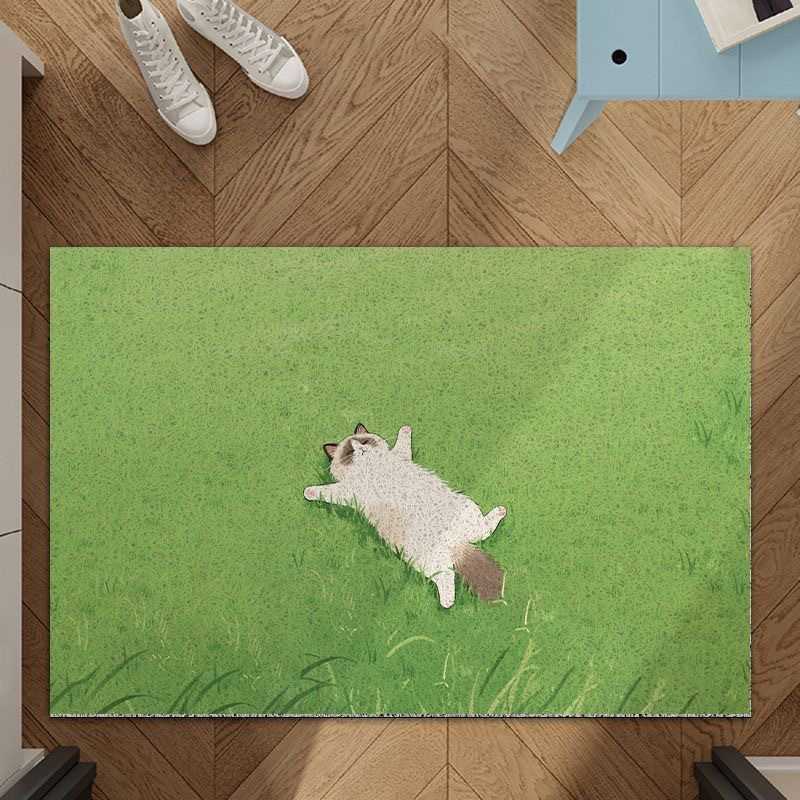 Cartoon cat entrance door mat entryway dirt-scraping floor mat household doorway anti-slip and dirt-resistant silk loop mat S260207