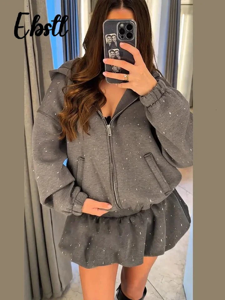 Rhinestone Zipper Hoodies Skirts Set Womens Casual Hooded Pockets Full Sleeve Sweatshirt Puffy Short Skirt 2026 Lady Outfit 260122