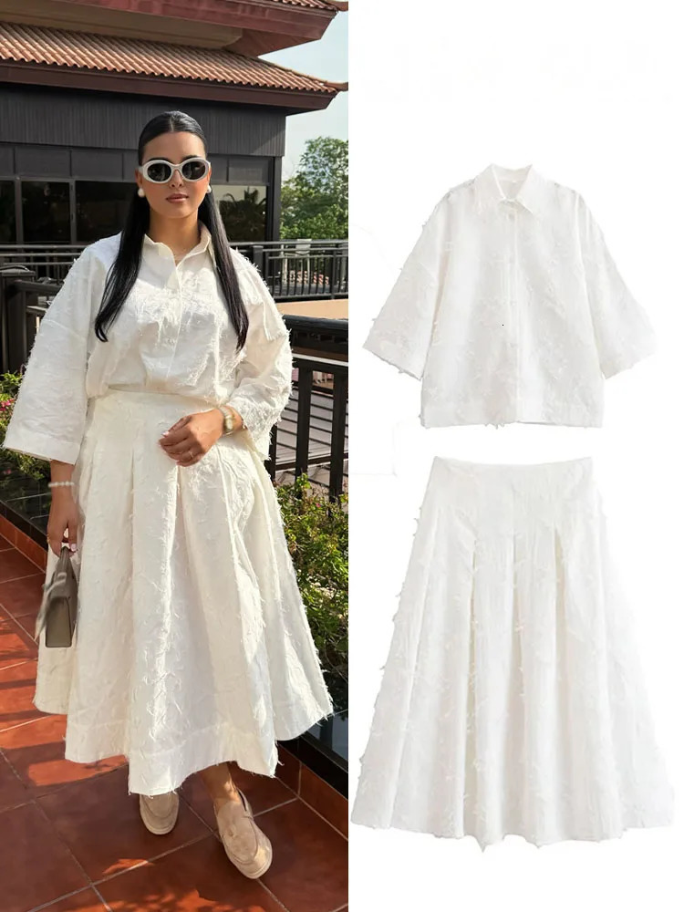 HH Women Tassel Sets White TurnDown Collar SingleBreasted ShirtsHigh Waist Zipper ALine Long Skirts Female Holiday Suit 250203