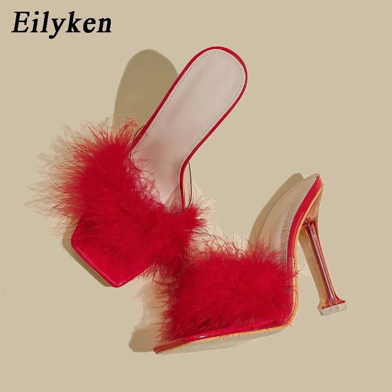 Eilyken Summer n Feather Faux Fur Women Slippers Sexy Square Toe Clear Crystal High Heels Shoes Party Prom Slides Sandals 260208