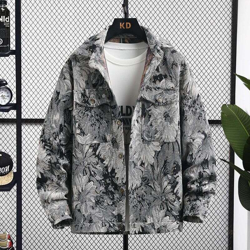 Spring And Autumn Men's Jacket Youth Turn-Down Collar Trendy Top Casual Handsome Ins Jacquard Fashion Personality Coat