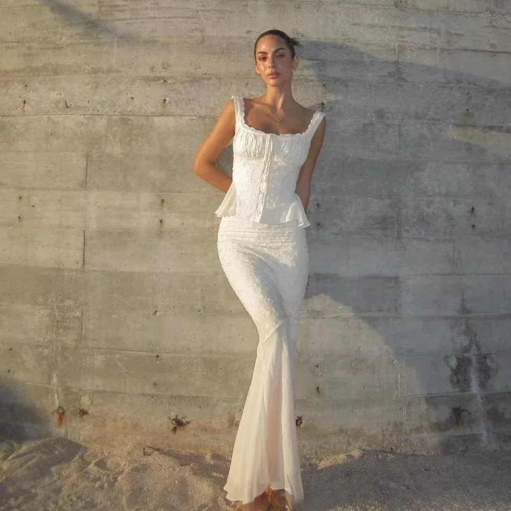 Minigmingxi in Summer 2 Piece Dress Set Elegant and Beautiful Dresses Set Beige Long Matching Set Sexy Mermaid Skirt 260208