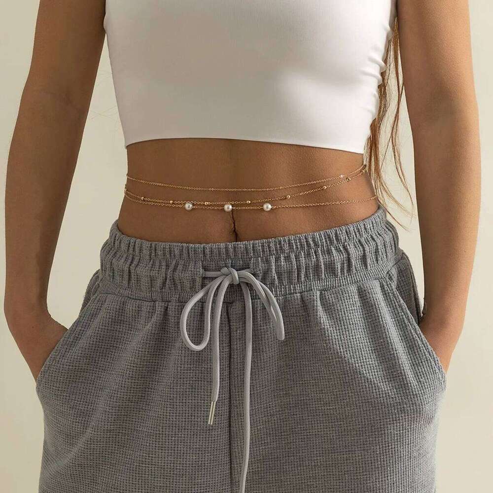 Sexy Minimalist Imitation Pearl Metal Waist Mixed and Stacked Fashion Girl Beaded Woven Body Belly Chain X260209