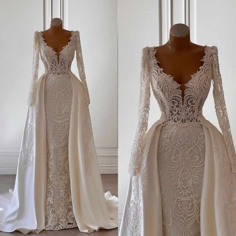 Customized Luxury Wedding Dresses Long Sleeves V Neck Appliques Mermaid Detachable Dresses Party Wedding Gown