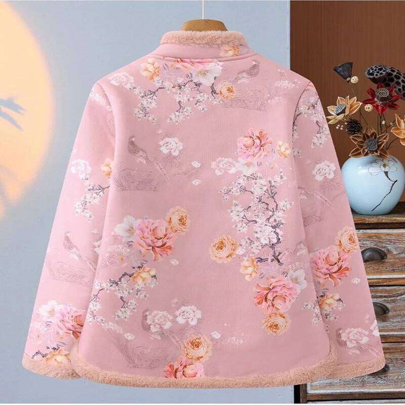 Mardi Hefxessdr New Chinese Style Cotton Coat Women Winter Floral Print Buckle Warm Fleece Lined Thick Tang Suit Jacket Vintage Qipao Outwear