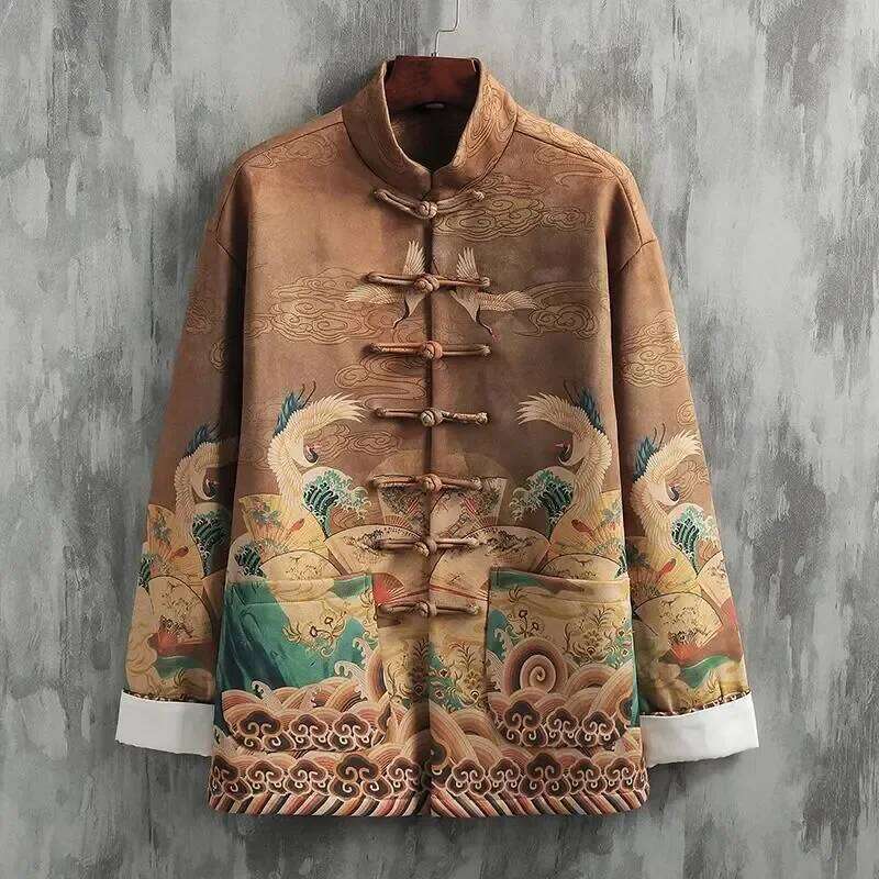 Mardi Hefxessdr Tang Men s Outerwear Jacket New Chinese Style Trendy Casual Printed Spring and Autumn Buttoned Crane Handsome
