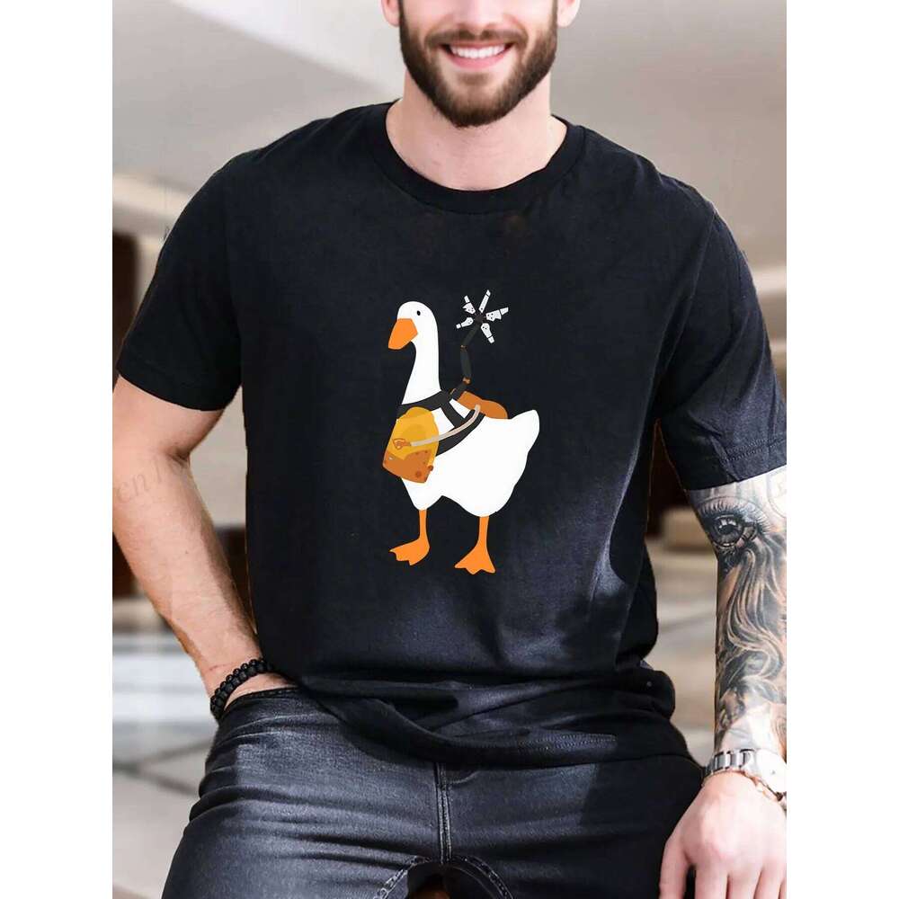 Men's Printed T-Shirt - Duck with Backpack Money Fun Design, 100% Cotton Breathable Fabric, Casual Summer Tee, Trendy & Comfortable X260209