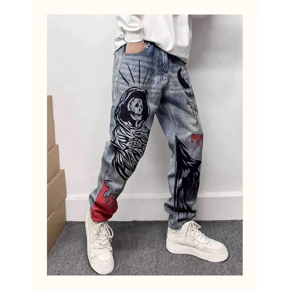 Men's Retro American Hip Hop Flame Skull Print Man High Street Motorcycle Denim Long Pants Baggy Jeans Men Techwear