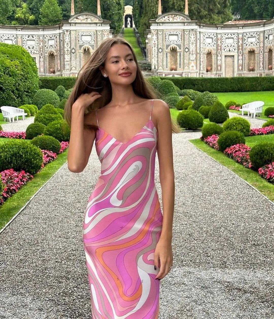 Striped Rainbow Spaghetti Strap Split Dress Women Sleeveless Backless V-neck Beach Dresses 2025 Summer Party Chic Lady Robe 260120