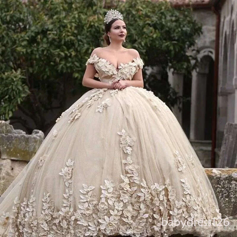 Sexy urious Ball Gown Wedding Dresses Off Shoulder Lace Applique Beads 3D wers Illusion V Back Puffy Cathedral Train Bridal Gowns 403