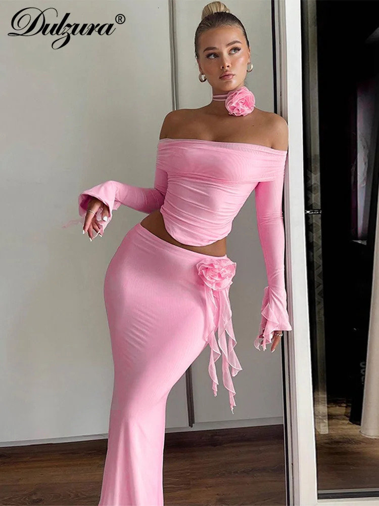 Dulzura Matching Suit Neck Accessories 3D Flower Off Shoulder Long Trumpet Sleeves Crop Top Tassel Maxi Skirt Autumn Women 260208