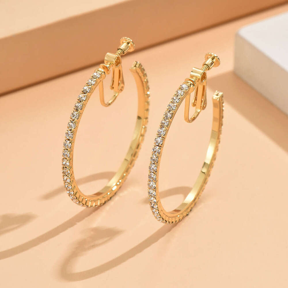 Hoop Earrings Diamond Earrings Unisex High Quality Retro Elegant Rhinestone Circle Large Earrings Simple Fashion Non-Pierced Screw Ear Clips