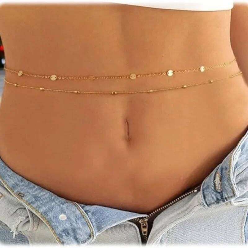14K Gold Plated STAINLESS STEEL Layered Cuban Pearl Satellite Beads Belly Belt Body Jewelry Waterproof Waist Chains for Women X260209