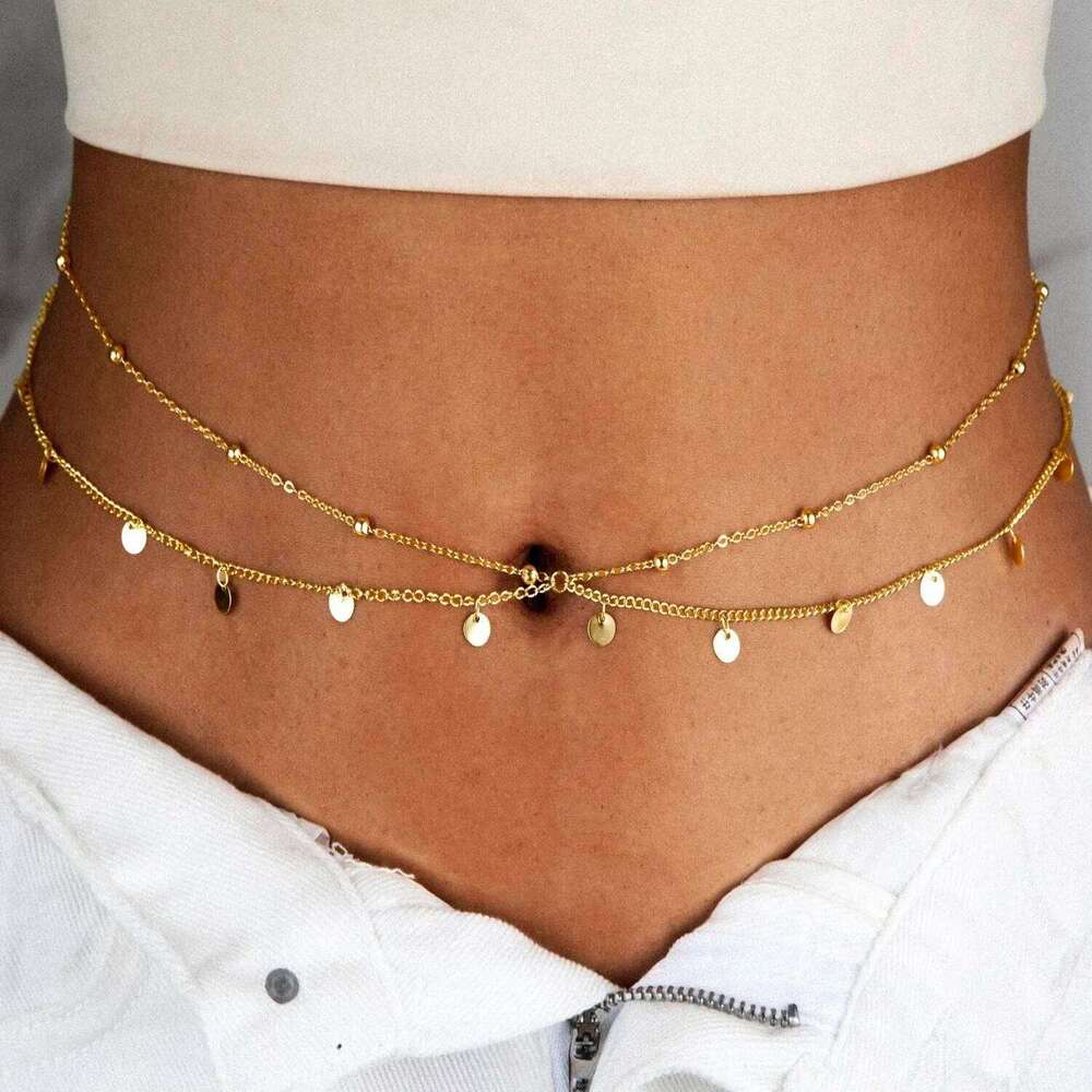 Summer Beach Chai Fashionable Round Bead Gold Sequin Tassel Double-layer Waist Vacation Style Sexy Body Chain X260209