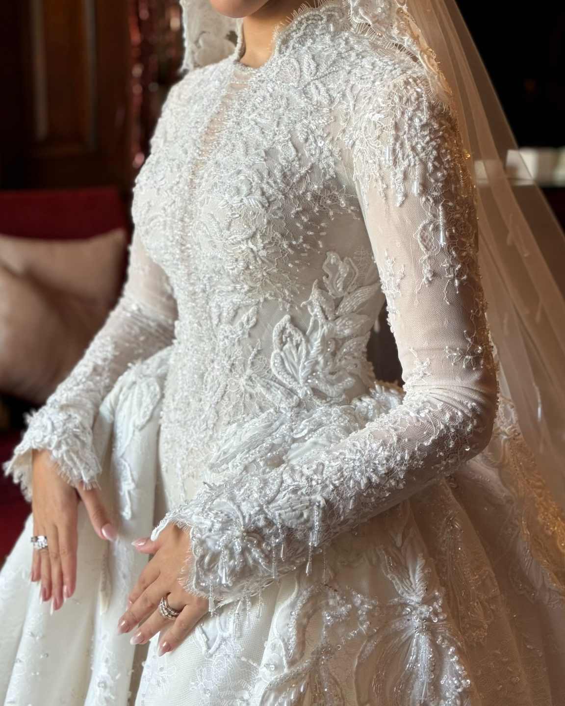 Custom Embroidered and Printed Muslim Wedding Gown Lace Trim Embroidery A Line Skirt Bridal Dress Islamic Bride Church Wedding