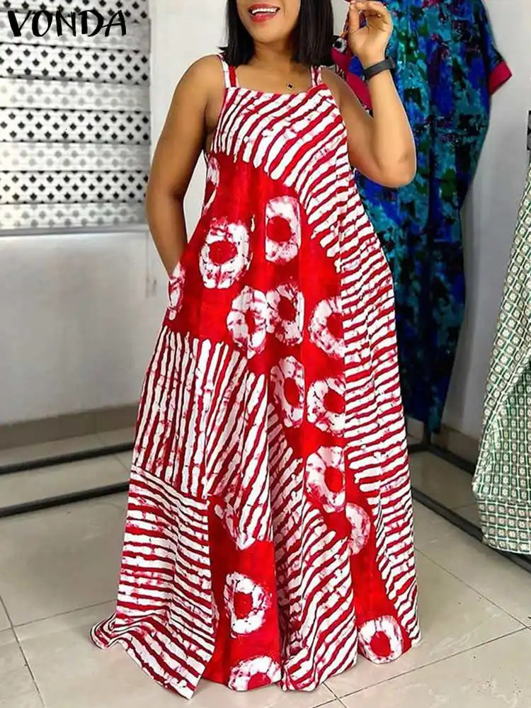 VONDA Plus Size 5XL Summer Bohemian Printed Maxi Dresses Sleeveless Party Beach Sundress Tank Long Vestido Casual Holiday Robe 260118