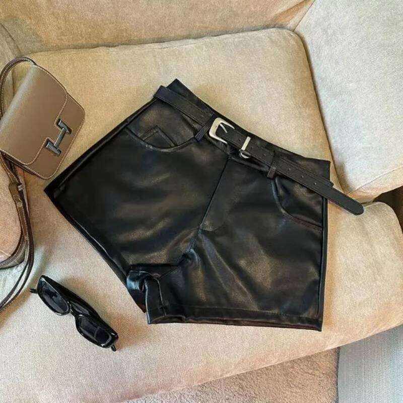 Sexy Leopard Print PU Women Black High Waist Leather Shorts with Belt H260209