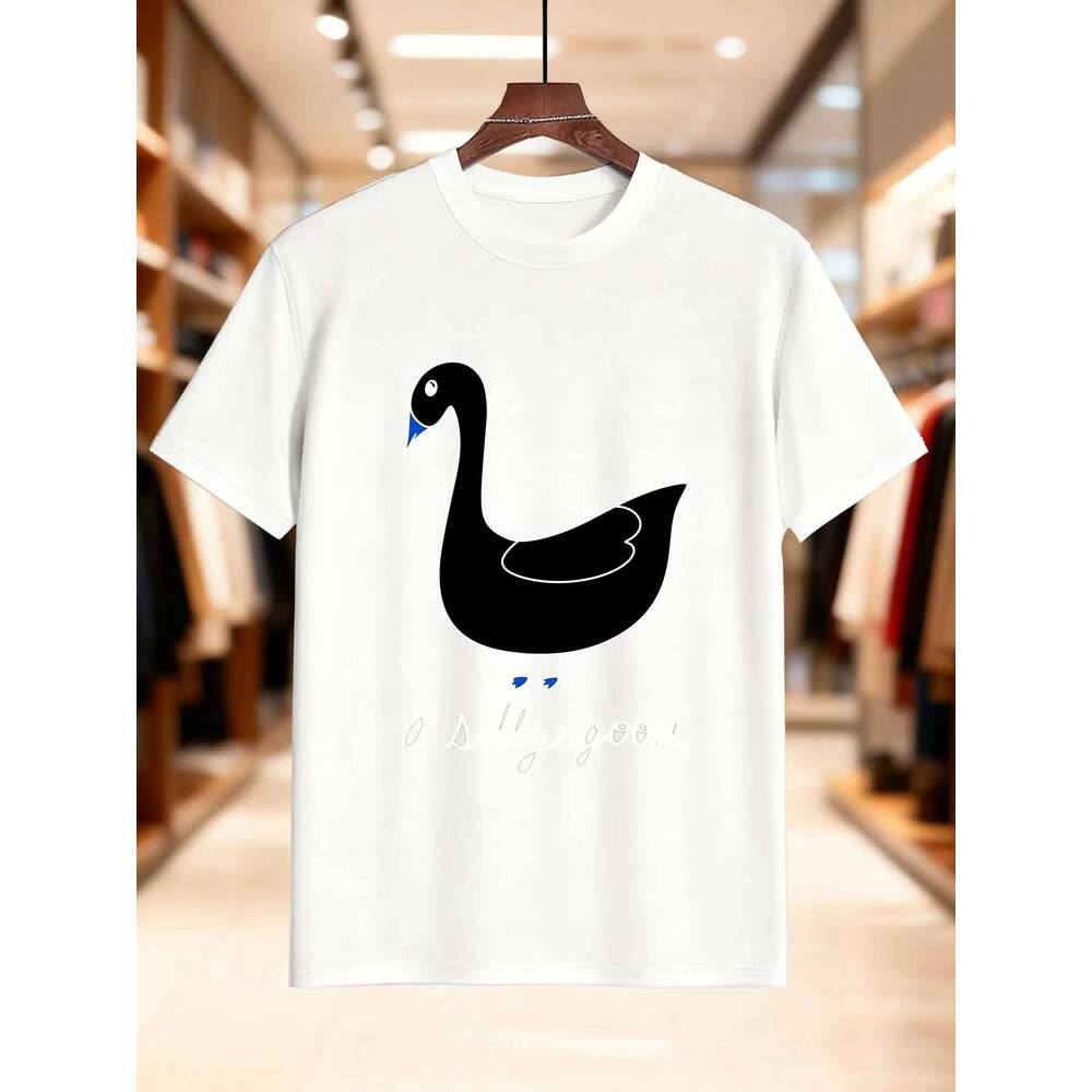 Men's Printed Short Sleeve T-Shirt - Soft Pure Cotton, White Duck with Yellow Beak Graphic, Breathable & Comfortable for Summer X260209