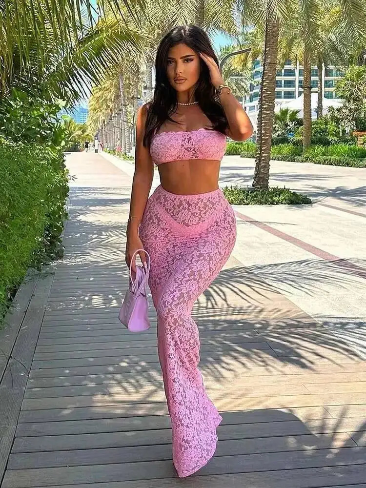 Avrilyaan Lace Perspective Sexy Party Two Piece Set Strapless Crop Top And Midi Skirts 2 Pieces Set Women Summer Outfits 260208
