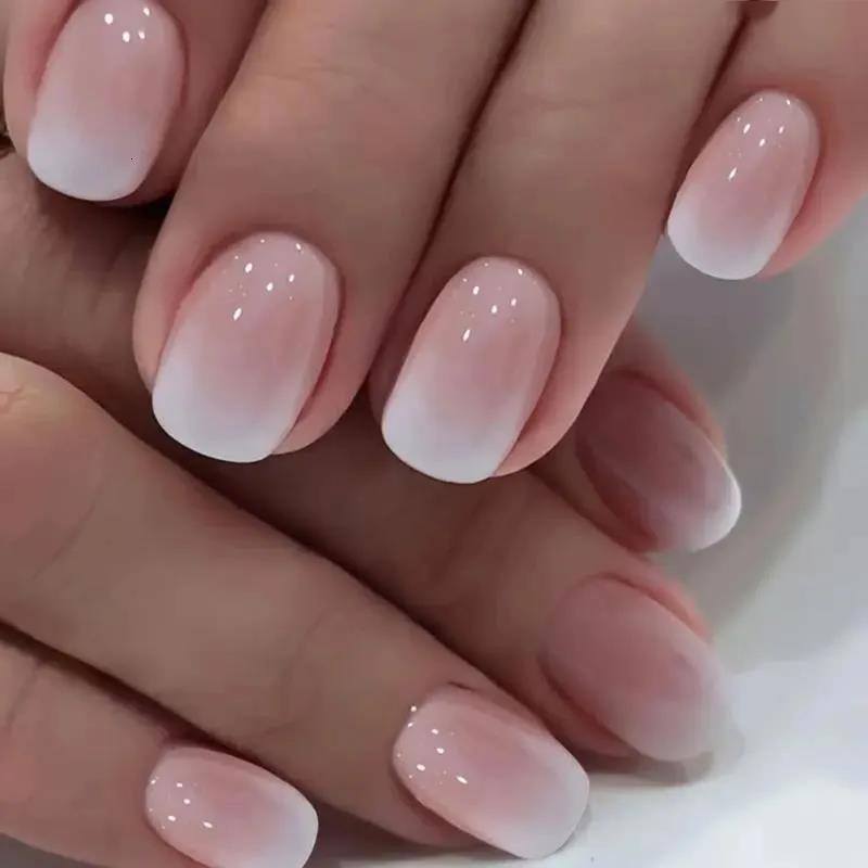 Luxury False Nails 24Pcs Flesh Color Gradient Powder Square maquillaje Short Imitation Nail Plate Fake 1Pc Jelly Paste File Strip H260202