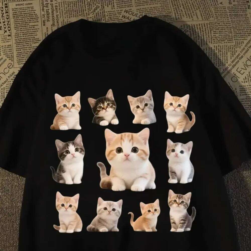 Summer Women's Cartoon Cute Cat Print Crew-neck Short Sleeves T-shirt Fashion Graphic T Shirts Y2k Women Clothing Tops Cotton X260209