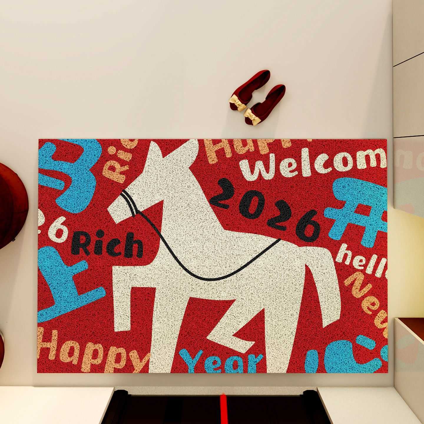 Entrance Door Mat New Year Horse Year Entrance Silk Loop Carpet Non-Slip Dust Removal Home Festive Decoration Red Foot Mat S260207