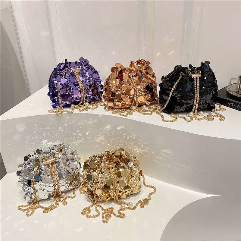 Sequin Trendy Personality Stylish Large Capacity Chain Summer Drawstring Crossbody Shoulder Evening Handbag Bucket Bag