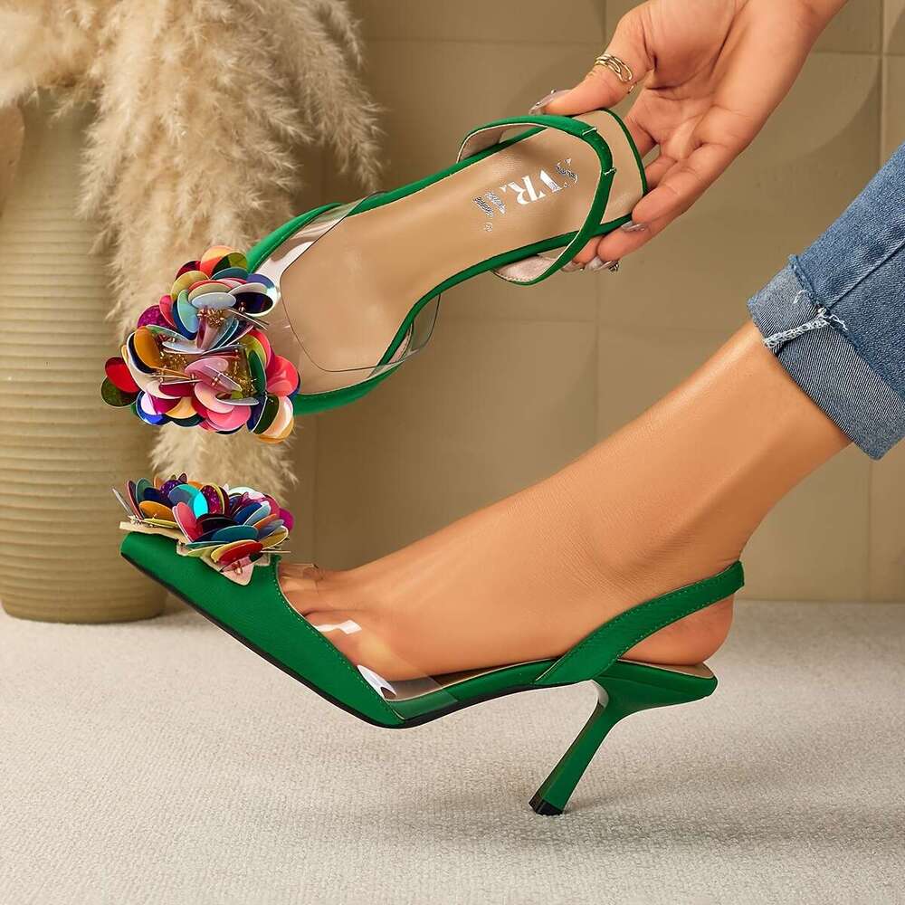 Ladies Fashionable Pointed Toe Open Back Ultra High Heeled Sandals Adorned With Sequined Design At The Toe Perfect For Parties Banquets Weddings And O