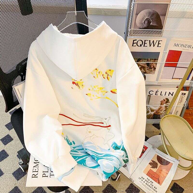 Autumn Winter New Style Cotton Fleece Hoodie Women's Clothing Plus Size Hooded Sweatshirt With Printed Embroidery And Chinese Knot