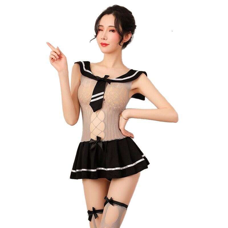 Sexy Sailor Style Sheer Bodysuit Women Transparent Mesh Top with Bow Tie & Mini Skirt, Perfect for Cosplay & Role Play