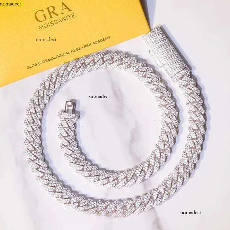 S Solid Sier Chain Jewelry 2rows 10mm 12mm Width GRA Moissanite Dia Cuban k chain Hip Hop Necklace 00