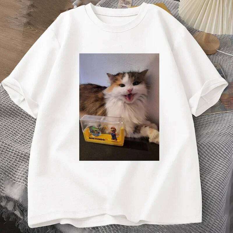 Cute Cat Print Women Clothing Summer Fashion Funny Kawaii Casual Oversize Short Sleeve Tops O-Neck T-shirts Unisex X260209