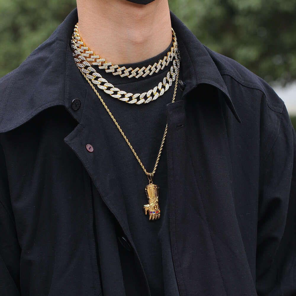European and American Gold-Plated Diamond-Studded Thanos Infinity Gauntlet Pendant Street Fashion Hip-Hop Stainless Steel Twist Chain Accessories Whol