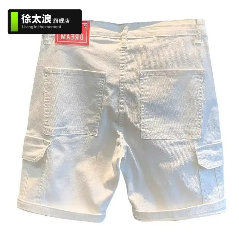 Summer Multi-pocket White Denim Mens Five-point Pants Loose Straight White Casual Tooling Jeans Shorts Low Rise Jeans 260208