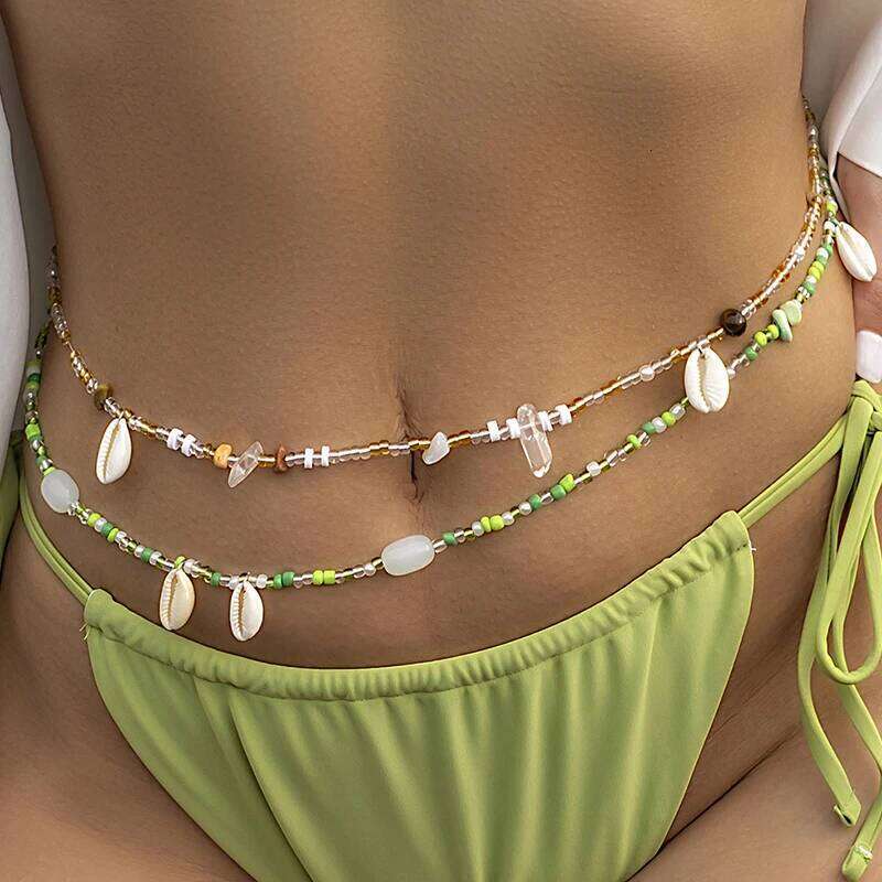 Bohemia Hand-woven Beaded Waist Beads Women's Fashion Simulation Shell Irregular Stone Belly Sexy Body Chain Jewelry Gift X260209